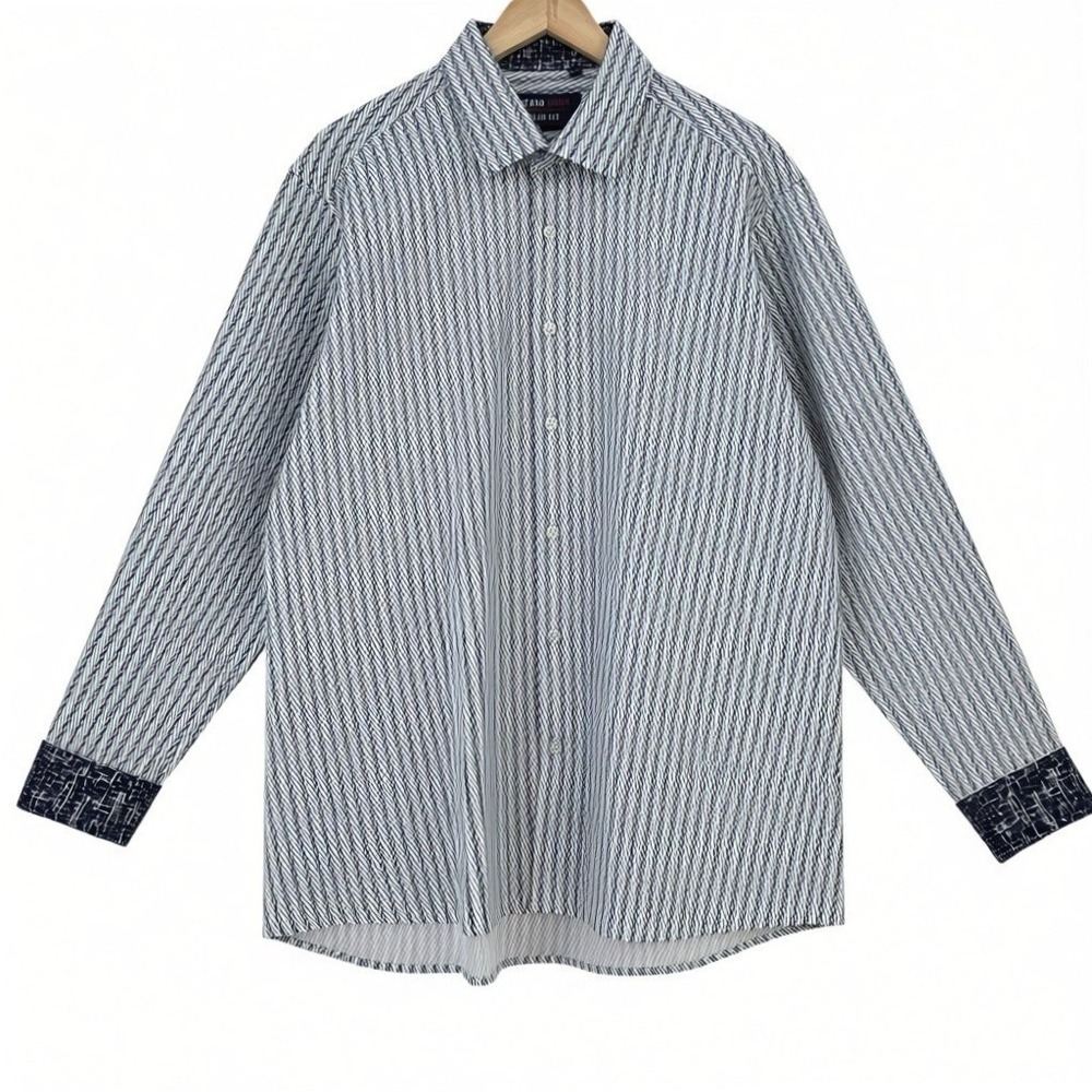 Azaro Uomo Mens 2XL Slim Performance Button‎ Down Long Sleeve in White Blue NWT